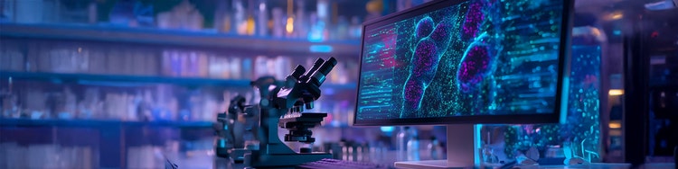 Futuristic biotech lab with holograms, microscopes, glowing surfaces.