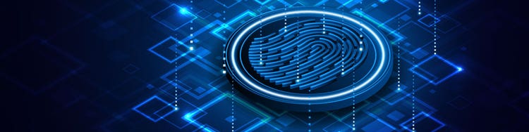 Abstract image of blue circle with a thumb print like design on it and glowing square lights