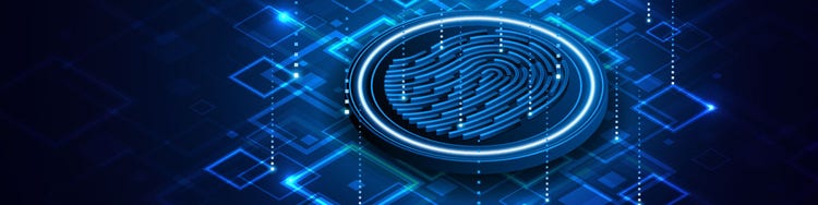 Abstract image of blue circle with a thumb print like design on it and glowing square lights