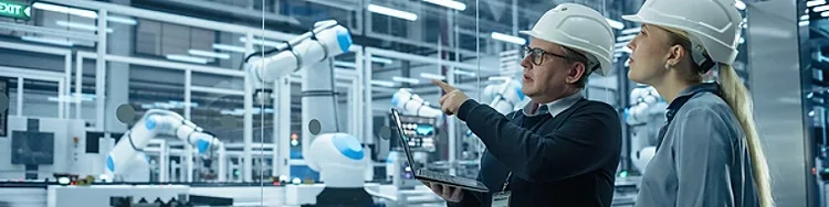 Young person with headphones on looking forward with abstract blue and yellow wave behind them