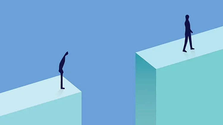 Two silhouetted figures stand on separate teal platforms against a blue backdrop, facing each other across a gap, conveying distance and disconnection.