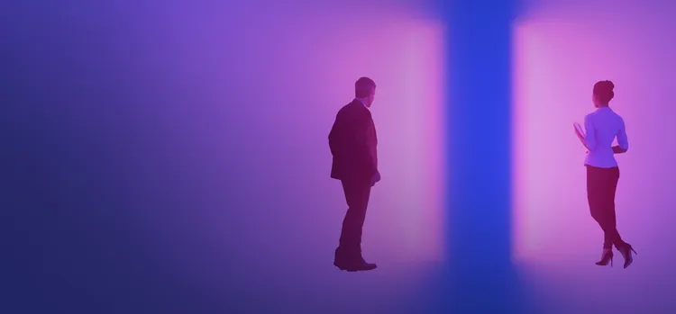 man and woman facing a blue and pink gradient wall