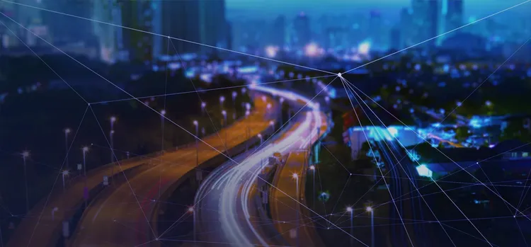 Number of lines are connected at a point with a background of night city.