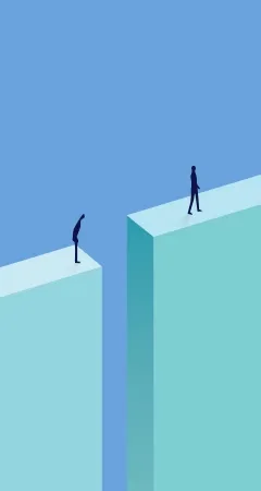Conceptual illustration of two figures separated by a gap between platforms, representing the AI execution gap or business disconnect