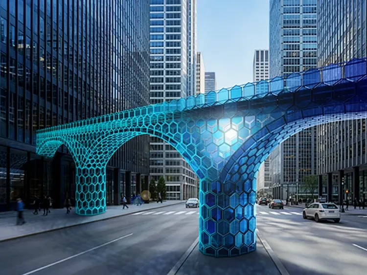 Futuristic hexagonal elevated roadway between tall city skyscrapers.