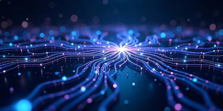 Abstract digital network with glowing data streams converging to a central point.