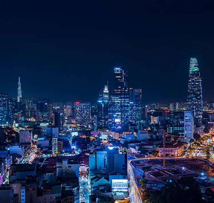 Night view of city skyline.