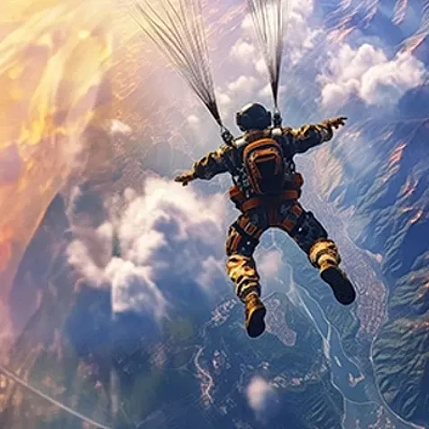 A person flying in mid-air with a safety belt