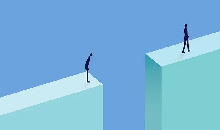 Conceptual illustration of two figures separated by a gap between platforms, representing the AI execution gap or business disconnect