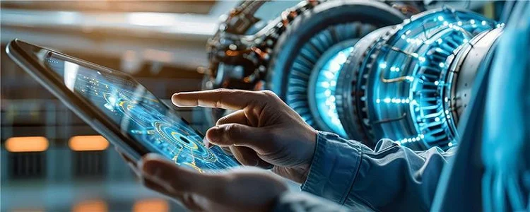 A hand holding onto a tablet with a computerized hardware in background.