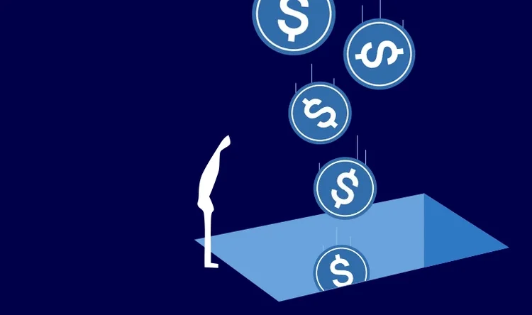 Conceptual illustration on a dark blue background showing a simplified white human figure standing beside a tilted platform or open box, with multiple circular icons containing dollar symbols descending vertically into the box