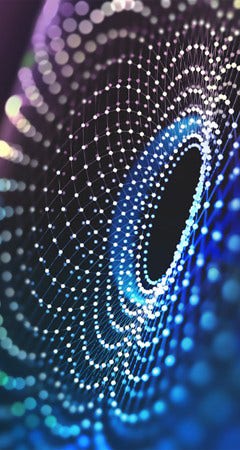 Abstract digital network forming a circular vortex in blue and purple tones