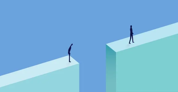 Conceptual illustration of two figures separated by a gap between platforms, representing the AI execution gap or business disconnect
