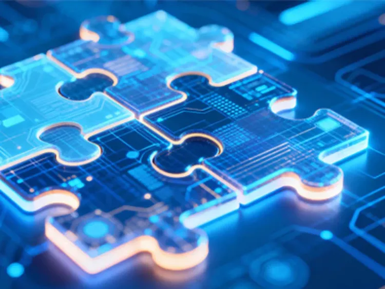 Glowing digital puzzle pieces over circuit board symbolize AI modernization