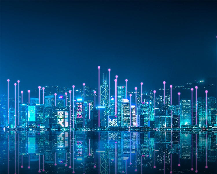 Futuristic city skyline with glowing network nodes reflected on water.