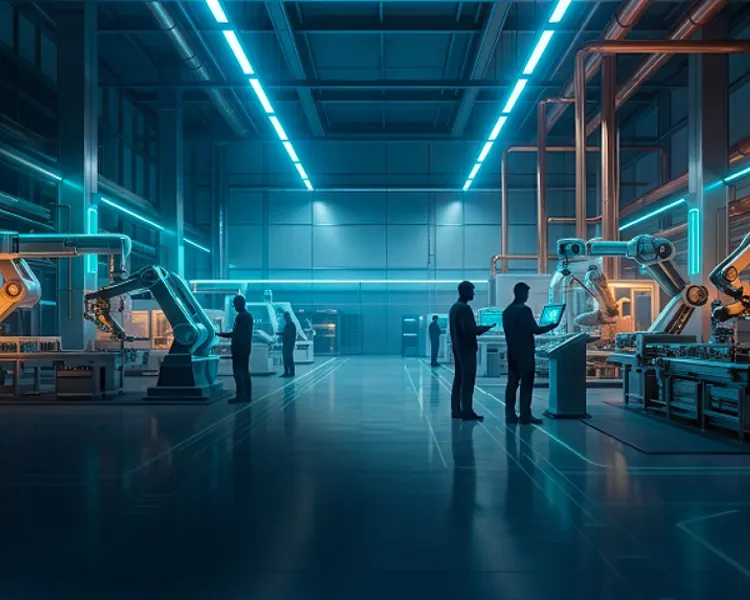 Factory floor with robots and workers under blue lighting.