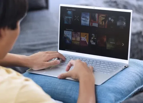 A young man looking at movie catalog on his laptop.