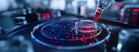 AI-powered life sciences lab with robotic pipette analyzing digital molecular data.