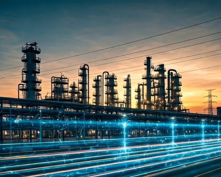Industrial refinery with pipelines and light trails at sunset.