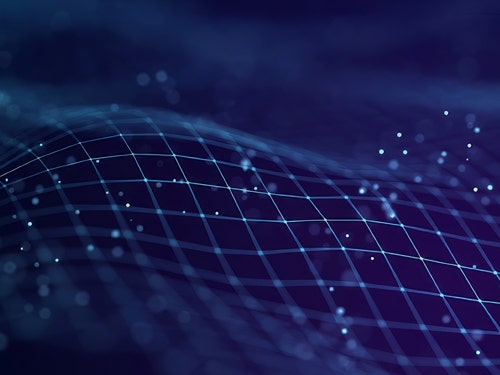 Abstract blue digital grid with glowing data points, representing AI, data management, and connected systems.