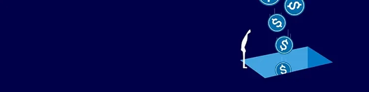 Person with falling dollar icons over platform, symbolizing AI workforce value and growth.