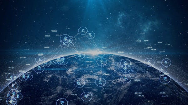 Global digital finance network connecting currencies and data across the world.