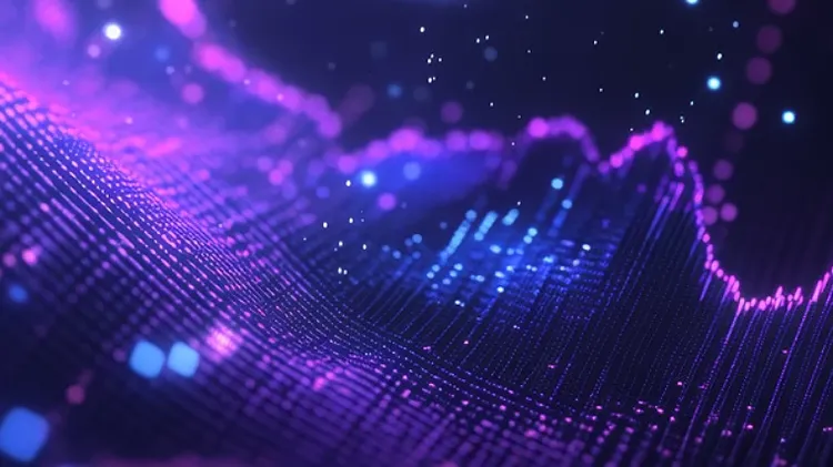Abstract purple and blue data waves visualizing AI-driven analytics and digital intelligence.