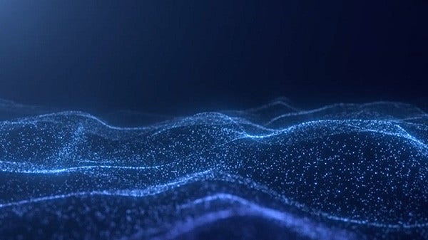 Abstract wave of glowing data points representing digital data flow and AI-driven insights.
