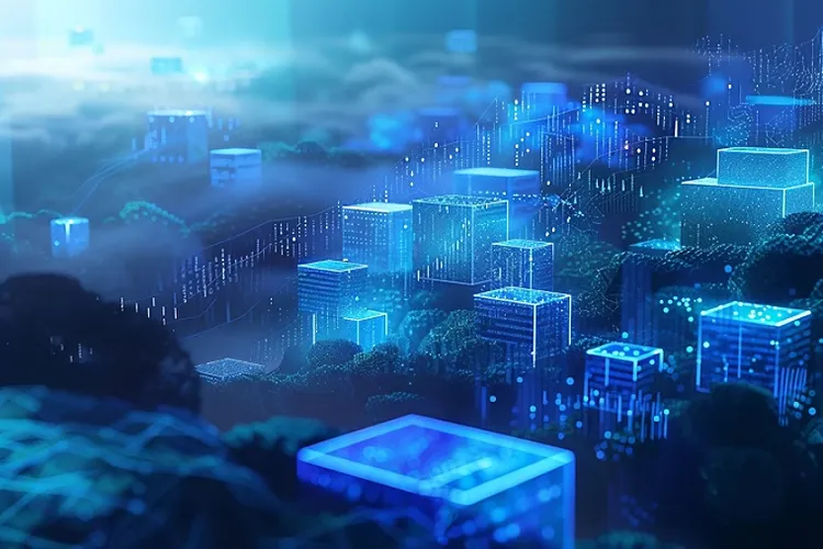 A stylized digital landscape of a secure blockchain network