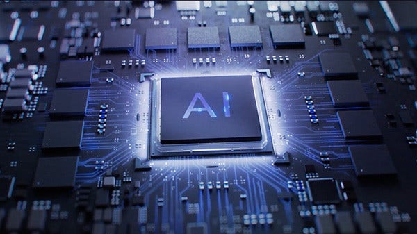 AI processor chip glowing on a circuit board with connected electronic components.