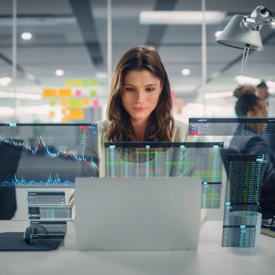 A woman working on a virtual laptop