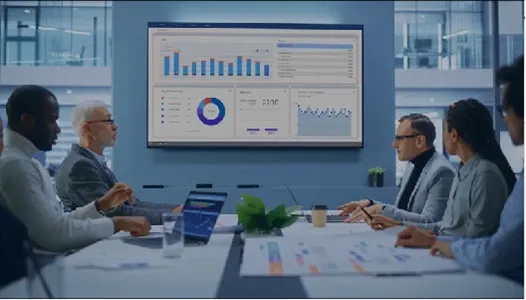 A meeting room full of colleagues with graph on screen.