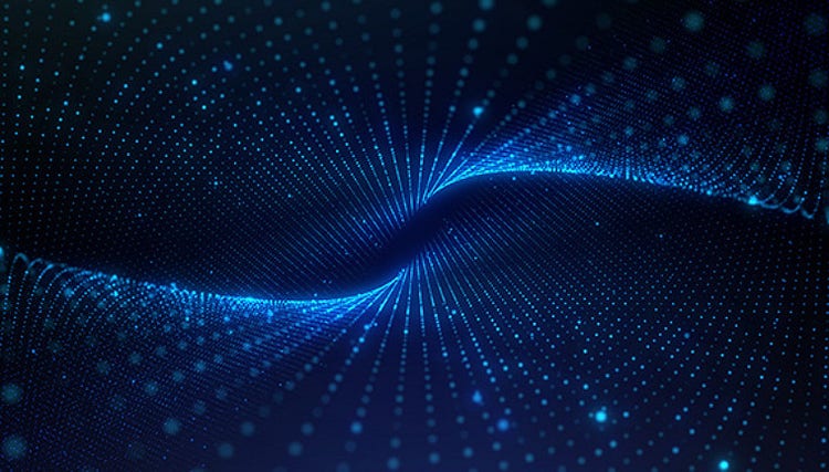 Blue glowing particles forming a swirling digital wave pattern