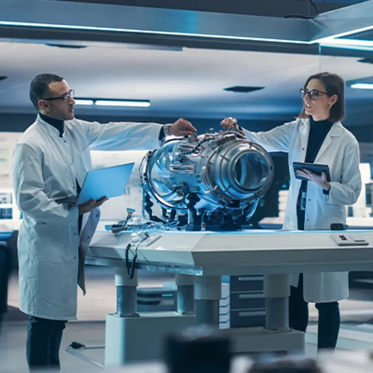 A male and female colleague looking at the large tube.