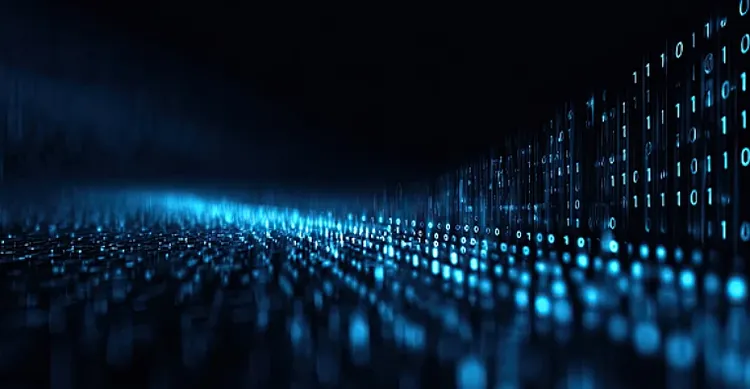 A futuristic digital landscape with rows of glowing blue binary code in perspective, creating a sense of depth and advanced technology.