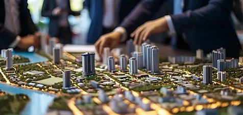 View of hands over a model city.