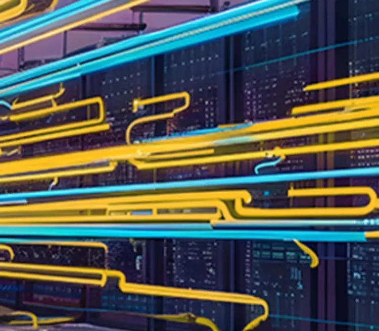 Illuminated yellow and blue rays over server room