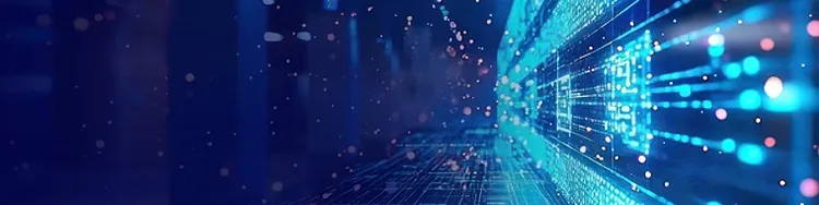 Abstract image of blue digital screen with streams of digital lights