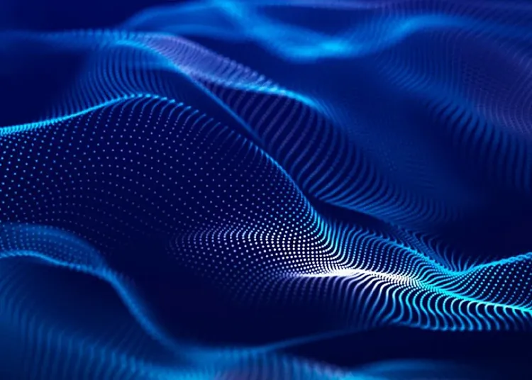 Abstract image of blue digital waves with dots on them