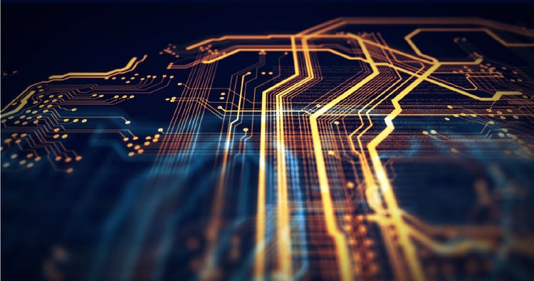 A circuit board with illuminated lines.