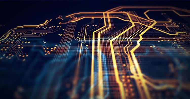 A circuit board with illuminated lines.