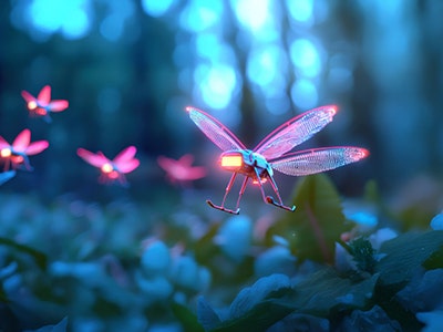 Tiny glowing cybernetic fairy drones that look like bees, lit up in pink and hovering over plants