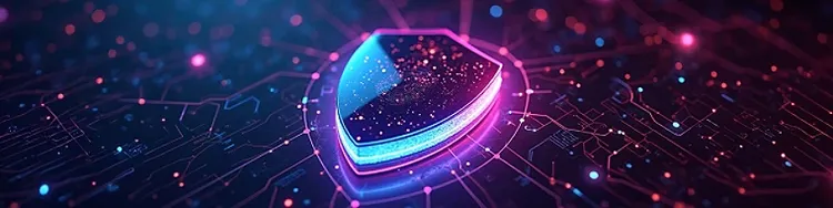 A high-tech shield illuminated by glowing lights, representing a blend of innovation and protection.