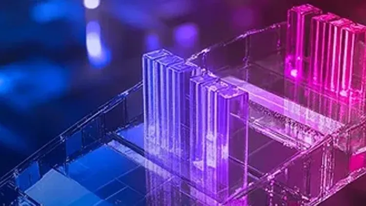 A glass structure in 3D with purple and pink lights, representing the new business operations shaped by Agentic AI's influence