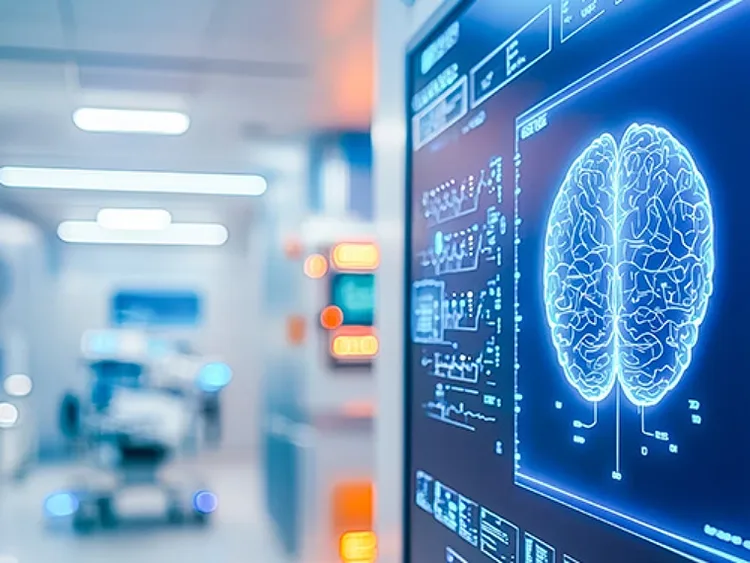 Graphic image of brain on big screen in pharma industry