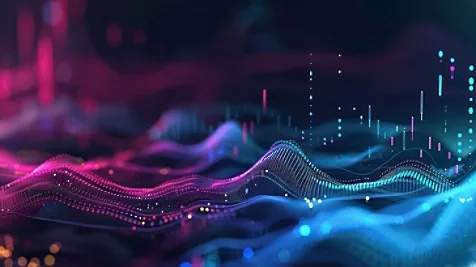 Neon data waves symbolising AI-driven marketing intelligence and real-time analytics.