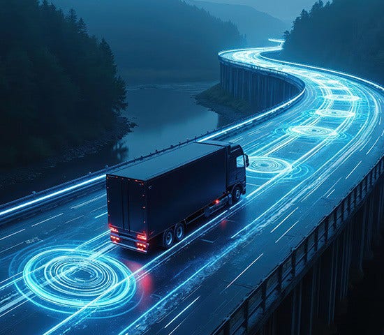 A truck travels along a highway, surrounded by glowing lines, representing the intersection of manufacturing and logistics