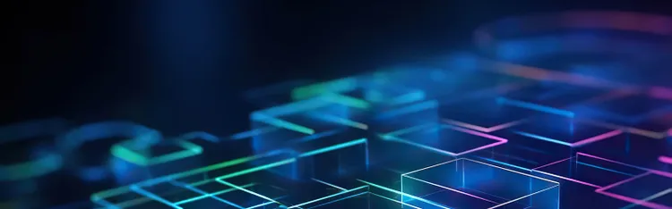 Abstract background featuring a vibrant arrangement of colorful cubes in various sizes and orientations.