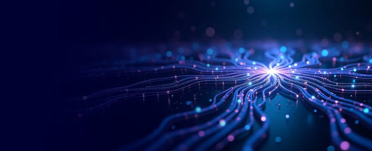 A central blue light shines against a dark backdrop, representing the transformative potential of modern business practices