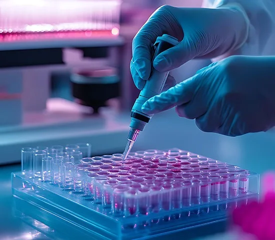 A lab-coated individual is holding a syringe, illustrating a moment in life sciences research